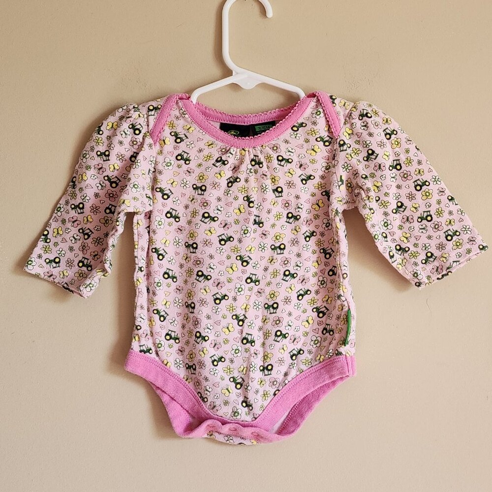 John Deere Baby Girl Pink Green Tractor Long Sleeve Onesie Size 3/6 Months
